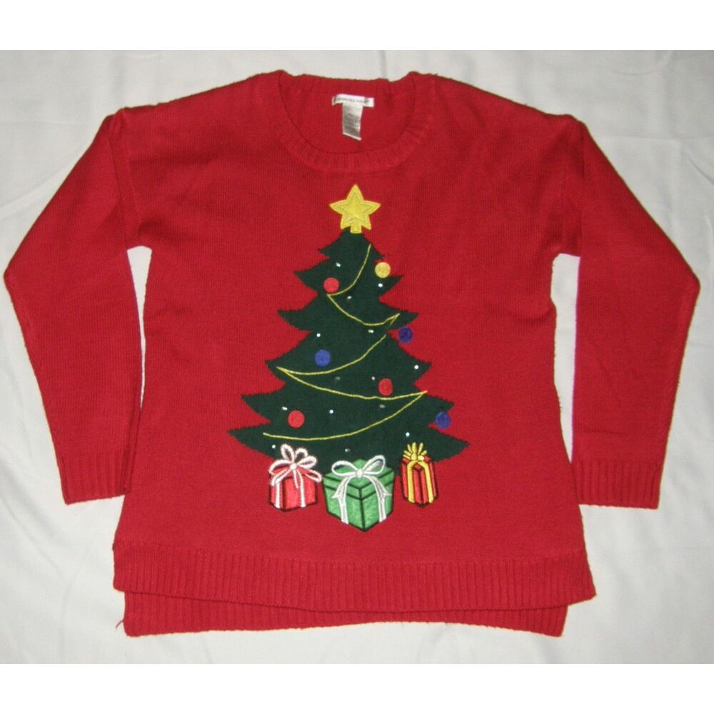Red Sz Large Embroidered Christmas Tree Holiday Pullover Sweater REFERENCE POINT